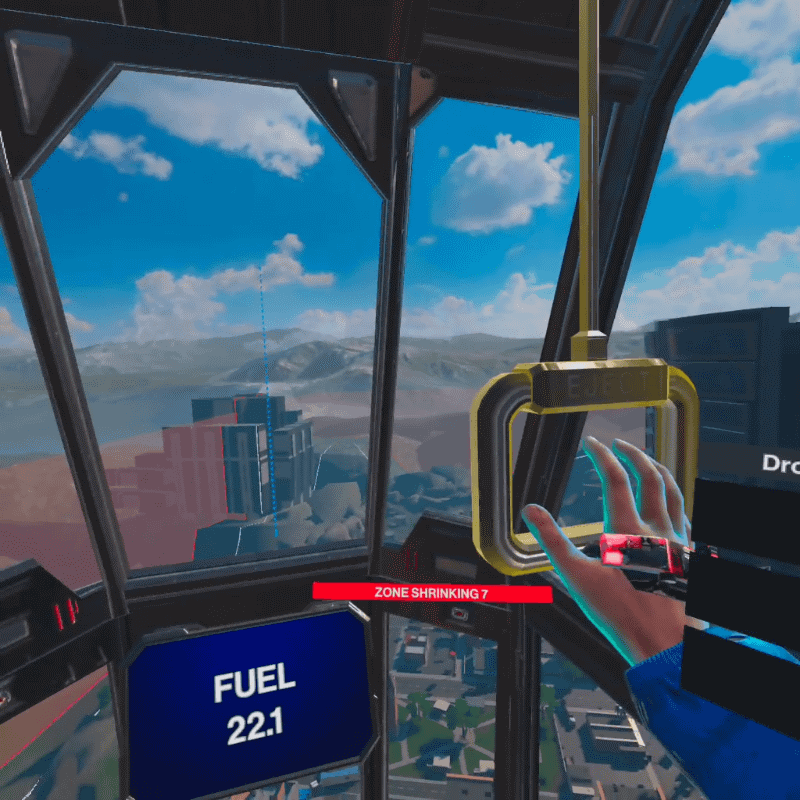 金色のEJECTレバーを引くと降下が始まる。飛行ルートは選べないが、ルート上のどこで降りるかは選択できる