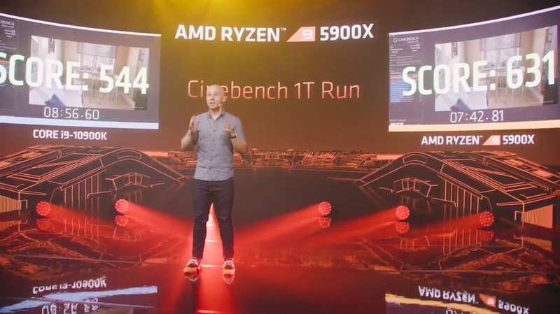 CinebenchのシングルスレッドでIntelのCore i9–10900Kは544、Ryzen 9 5900Xは631になった