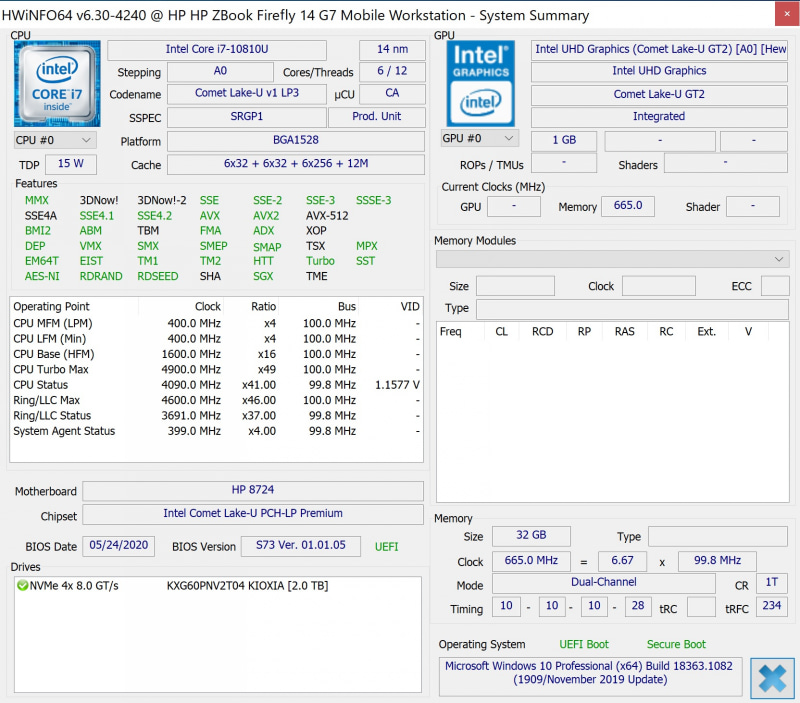 CPUはCore i7-10810Uを搭載。TDP 15Wの第10世代Coreプロセッサーとしては最上位のモデルだ。6コア12スレッド、最大4.9GHzで動作する