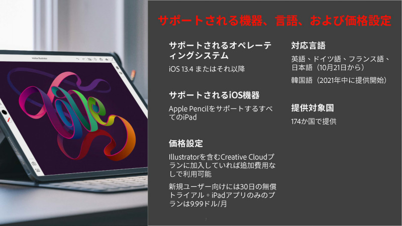 iOS 13.4以降のApple Pencil対応iPadをサポート(出典 : Adobe Illustrator iPad版、Adobe)