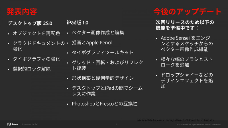 今後のアップデートで機能拡張予定(出典 : Adobe Illustrator iPad版、Adobe)