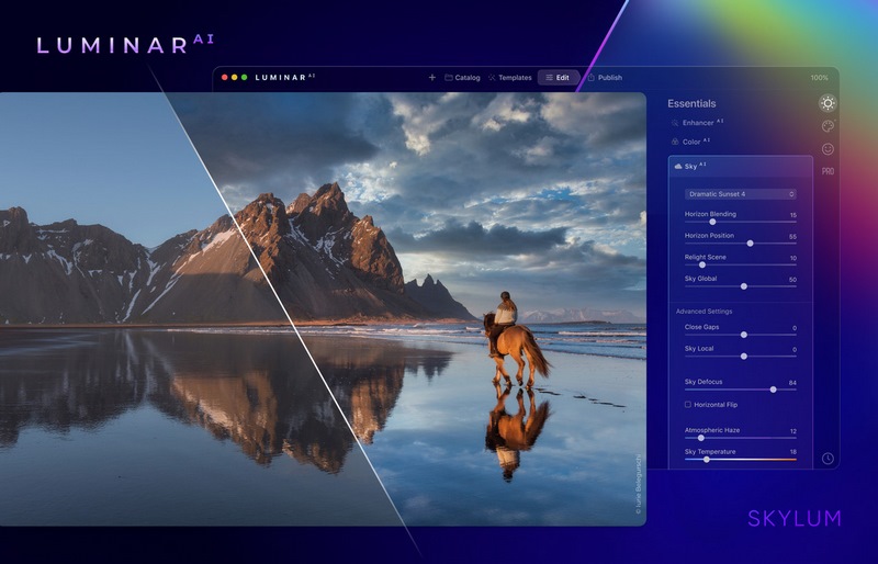 Luminar AIに来年実装されるSky AI 2.0の画面。空を変えたらその分の反射がきちんと反映されていることがわかる