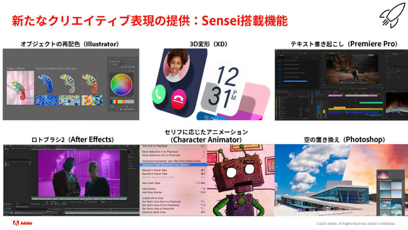 Adobe MAXで発表されたCreative CloudアプリのAdobe Sensei由来のAI機能(出典：Adobe MAX 2020記者説明会、Adobe)
