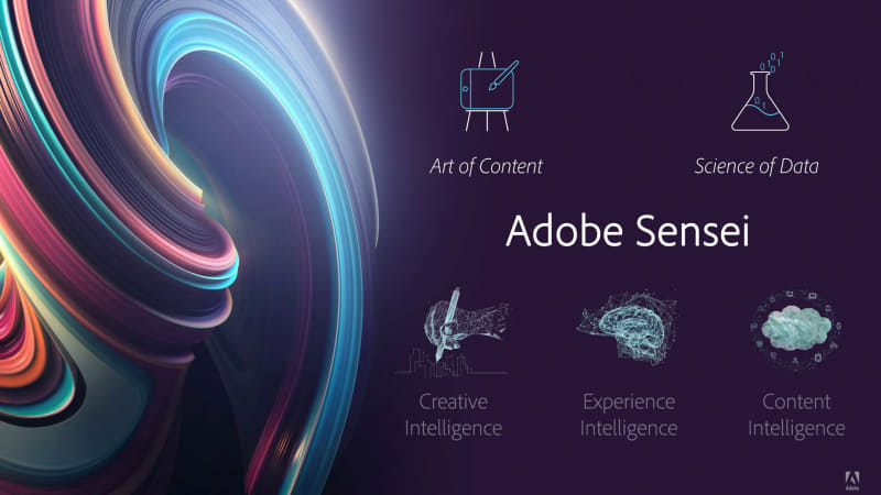 AdobeのアプリケーションにAIを提供する基盤となっているAdobe Sensei(出典：Adobe Sensei -Amplifying Human Creativity、Adobe)
