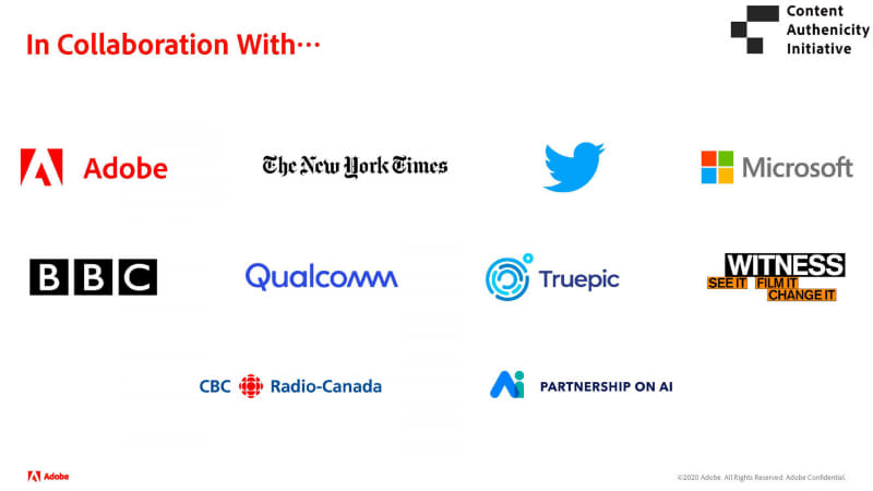 Adobe、ニューヨークタイムズ、Twitterが始めたContent Authenticity Initiativeだが、現在では業界各社が参加している(出典：Adobe MAX 2020記者説明会、Adobe)