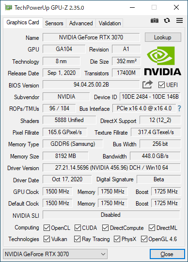 GeForce RTX 3070 Founders EditionのGPU-Z実行画面