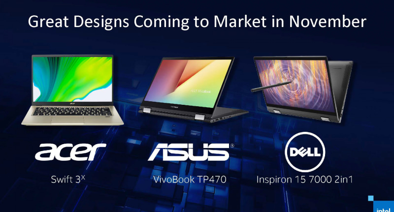 Iris Xe MAX搭載ノートパソコンは、まずはAcer、ASUS、Dellから提供が開始される、米国では10月31日(米国時間)から販売開始<br><span class="fnt-75">(出典 : Intel Graphics Press Briefing、Intel)</span>