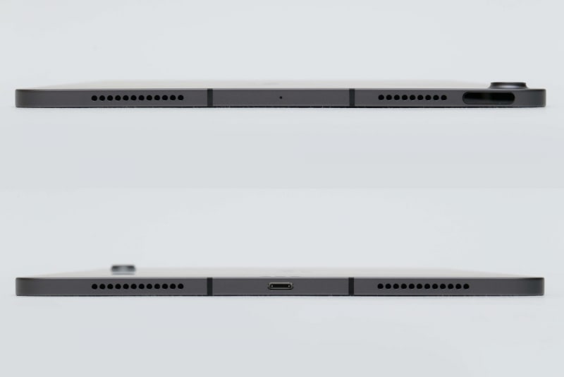 本体上面(上)と本体下面(下)。本体上面にはTouch ID搭載トップボタンとスピーカー、本体下面にはUSB Type-C端子とスピーカーが用意されている