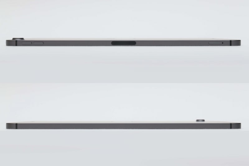 本体右側面(上)と本体左側面(下)。右側面にはボリュームボタン、Apple Pencilを充電するための磁気コネクタ、Nano SIMカードトレイが配置されている