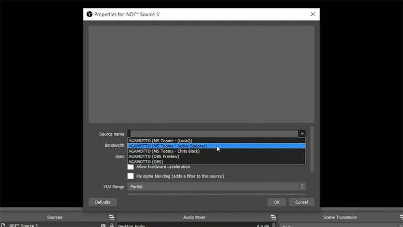 OBS Studio上からMicrosoft Teamsの各種映像ソースがNDI経由で見える