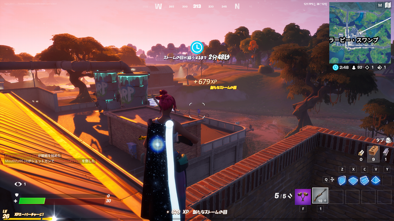 フォートナイト(PC版)のプレイ中の画面。ハイレベルな戦いでは、建築をいかに上手く、そして高速に使いこなすかがポイントだ