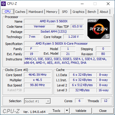 Ryzen 5 5600XのCPU-Z実行画面