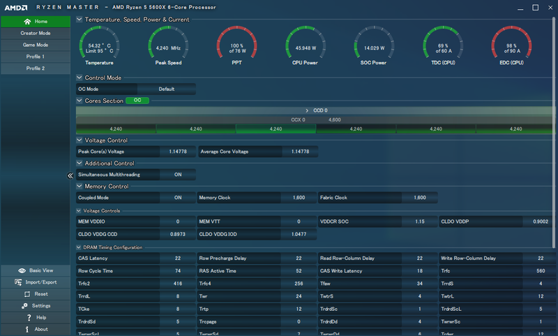 Ryzen 5 5600XのRyzen Master実行画面