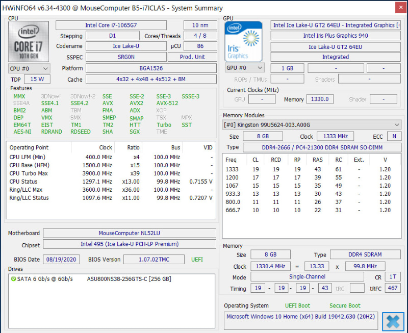 HWiNFOによるハードウェア情報。CPUはIce Lake-U、GPUはIris Plus