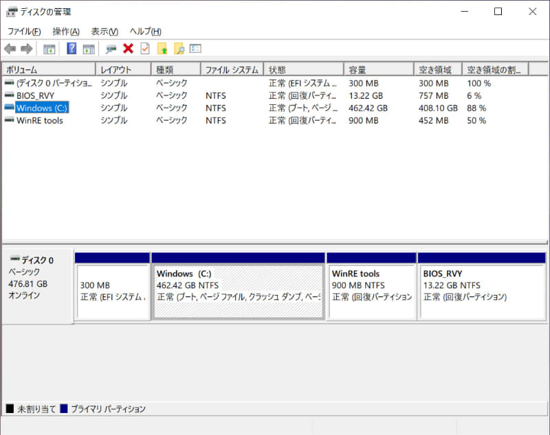 ストレージのパーティションはC:ドライブのみの1パーティションで約462GB割り当てられている