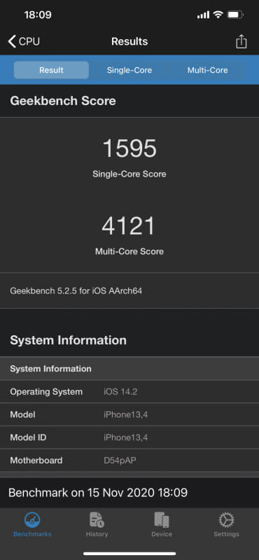 Geekbench(1/2)。Single-Core 1,595(1,324)、Multi-Core 4,121(2,587)