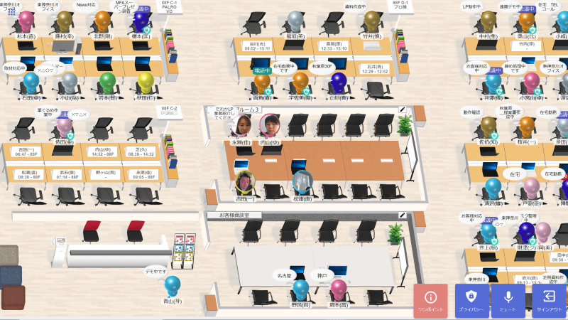 富士ソフトの仮想オフィス「FAM Office」。各自のアバターにステイタスが表示されている