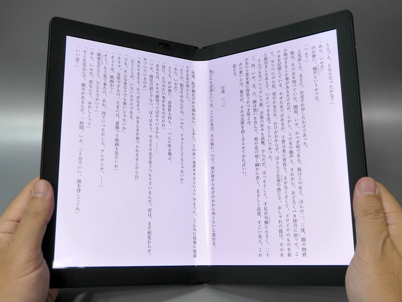 これはテキストを表示した状態。紀伊國屋書店Kinoppyでは、テキスト表示時にノドの部分に余白を設ける設定があるので、オンにしておくと画面を曲げた状態でも読みやすい