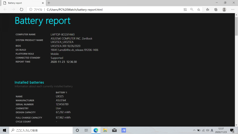 「powercfg /batteryreport」コマンドを実行したところ、DESIGN CAPACITYは67,292mWh、FULL CHARGE CAPACITYは67,962mWhと表示された