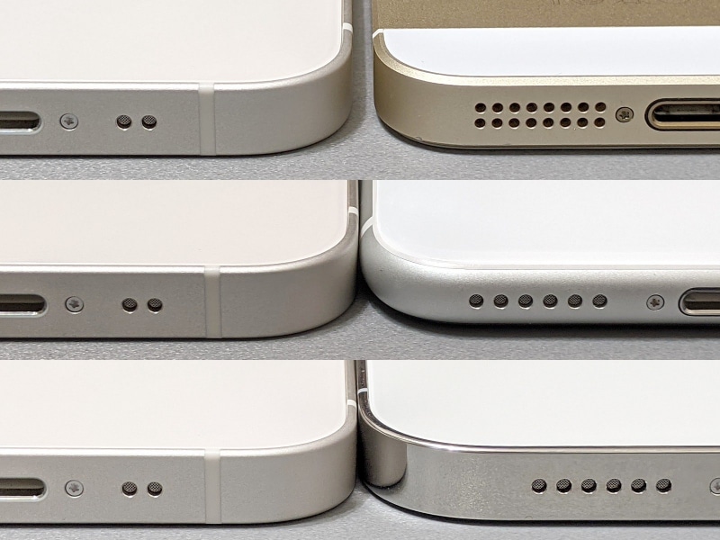 厚みの比較。左はいずれも本製品、右は上から順に、初代iPhone SE、第2世代iPhone SE、iPhone 12 Pro Max。本製品の厚みは7.4mmで、これら機種との比較では可も不可もなくといったところ