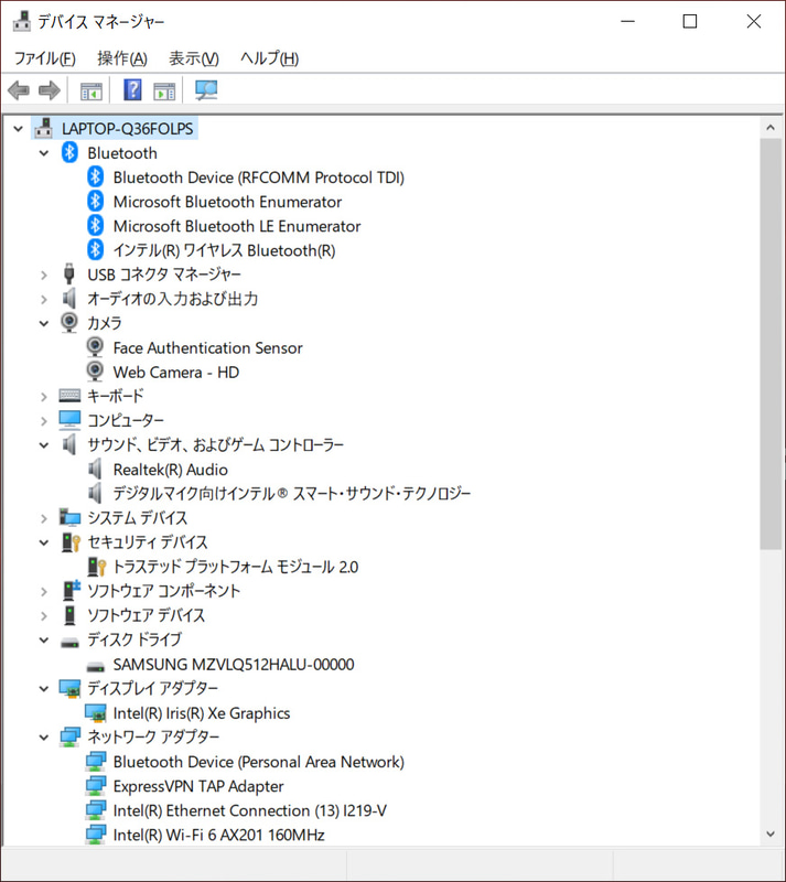 デバイスマネージャ/主要なデバイス、ストレージはPCIe SSD 512GBの「MZVLQ512HALU-00000」。Gigabit Ethernet、Wi-Fi、BluetoothなどはすべてIntel製。カメラにFace Authentication Sensorの項目