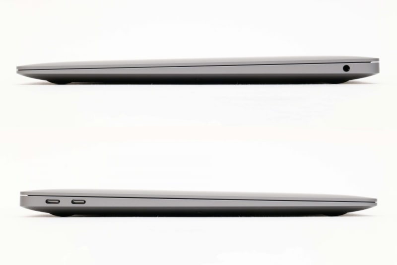 本体右側面には3.5mmヘッドフォンジャック、本体左側面にはThunderbolt 3×2(充電、DisplayPort、Thunderbolt接続時最大40Gbps、USB 3.1接続時最大10Gbps)が装備