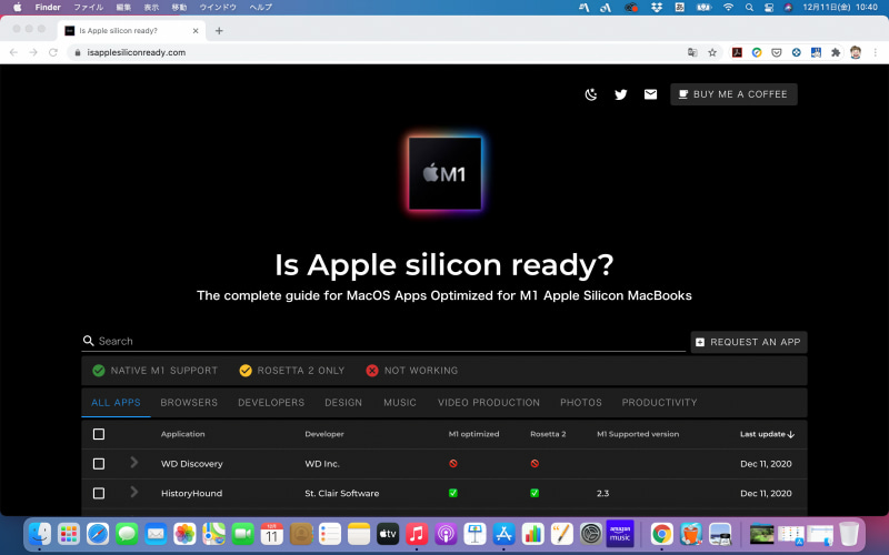 「<a href="https://isapplesiliconready.com/" class="n" target="_blank">Is Apple silicon ready?</a>」というサイトでアプリがM1に最適化されているか、Rosetta 2でアプリが動くかどうかを確認できる