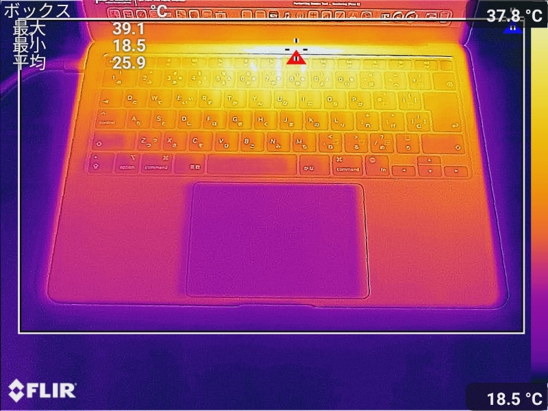 Cinebench R23を連続で9分間実行後のキーボード面の最大温度は39.1℃