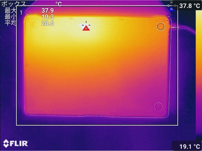 底面の最大温度は37.9℃。ファンレスだが発熱は低く抑えられている(室温20.2℃で測定)