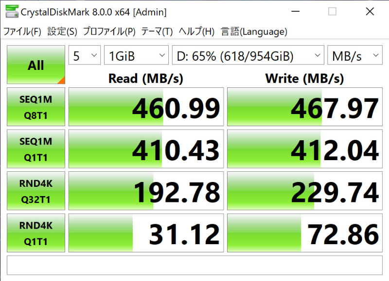 右側のUSB Type-Cポートに接続してCrystalDiskMarkを実行した結果。Thunderbolt 4ポートに接続したときの半分以下の速度に。速度を求めるなら左側のポートを使いたい