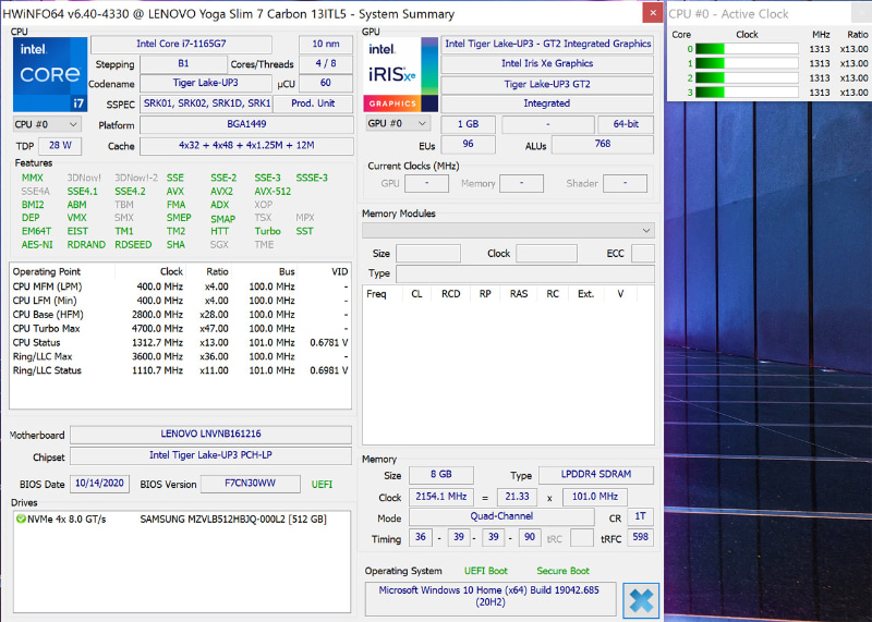 HWiNFOによるハードウェア情報。CPUはTiger Lake-UP3 GT2、GPUはIris Xe Graphics
