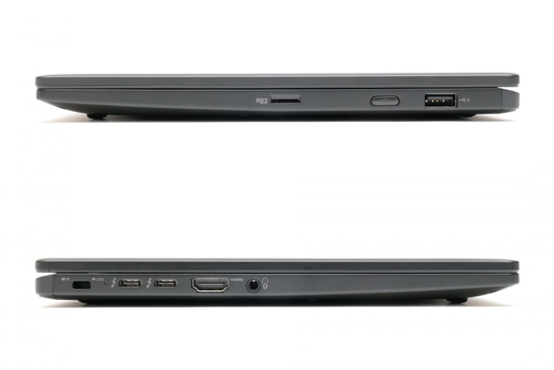 右側面(上)にはmicroSDXCカードスロット、電源ボタン、USB 3.1、左側面(下)にはセキュリティロックスロット、Thunderbolt 4(Type-C)×2、HDMI、3.5mmヘッドセットジャックが用意