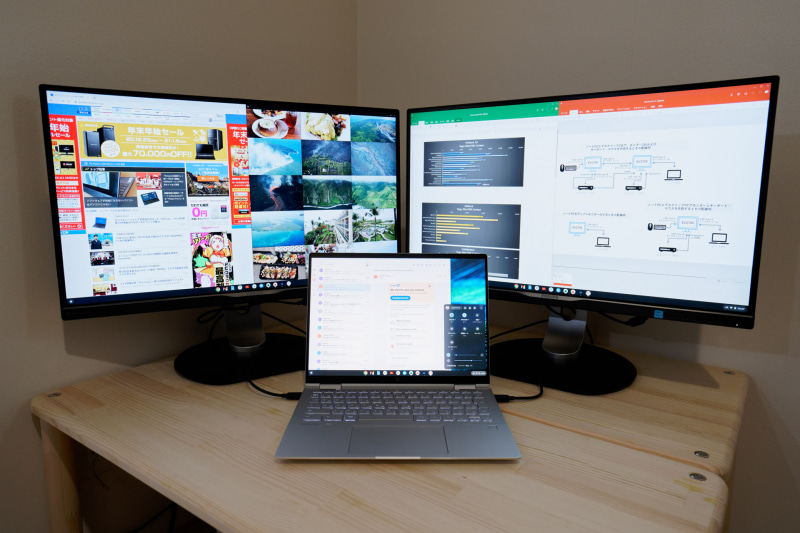 2本のケーブルで簡単に3画面のマルチディスプレイ環境を構築できる