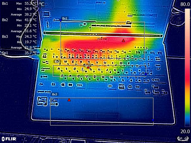 Premiere Proでのプロジェクト出力中(開始から約7分後)にFLIR ONEで撮影したサーモグラフィ(室温22℃)。