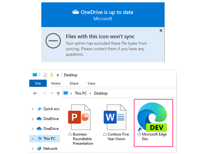 特定のファイルを同期から除外したさいの通知(上)、エクスプローラ上のマーク(下)