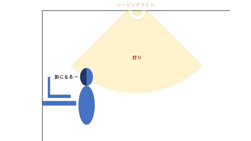多くの場合、シーリングライトを使うと、逆光になるため、顔が暗くなり、それに伴いノイズも増えてしまう
