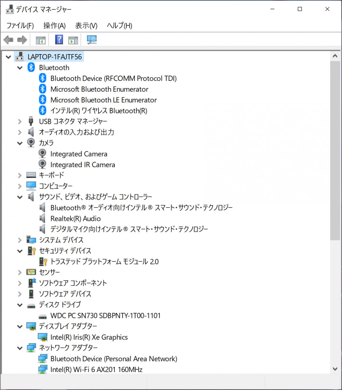 デバイスマネージャー。ストレージはPCIe SSD 1TBの「WDC PC SN730 SDBPNTY-1T00-1101」。Wi-FiとBluetoothはIntel製だ。Webカメラは顔認識用のIRカメラもある
