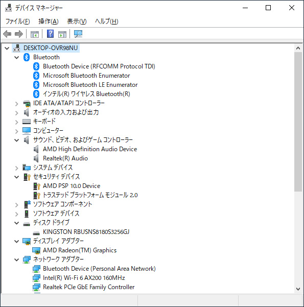 デバイスマネージャ/主要なデバイス。ストレージは256GB M.2 SATA SSDの「KINGSTON RBUSNS8180S3256GJ」。Wi-FiとBluetoothはIntel製、Gigabit EthernetはRealtek製