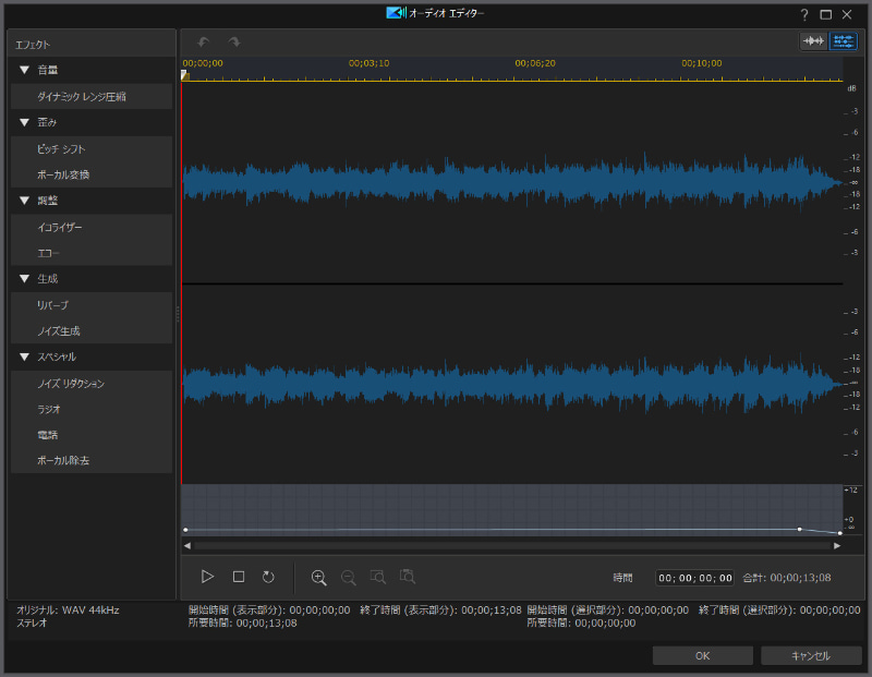 音声編集。右下が斜めに下がっているのが分かる。この設定で音量がじょじょに下がる