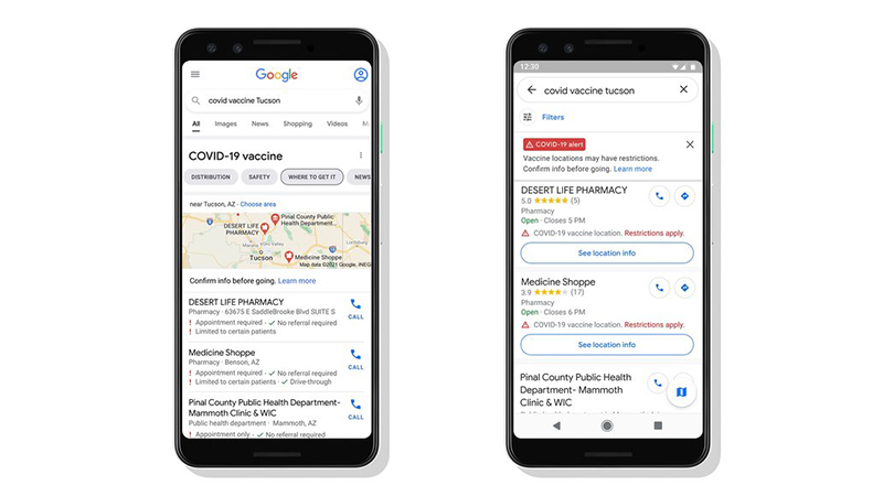 ワクチン接種に関する情報表示機能。左がGoogle Map、右が検索結果画面