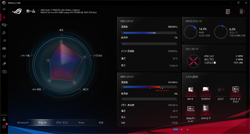「Armoury Crate」を使ったパフォーマンス設定の切り替え。「サイレント」、「パフォーマンス」、「Turbo」、「手動」の4つが選べる