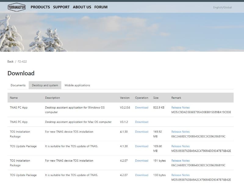 TerraMasterのホームページから「TNAS PC」ユーティリティをダウンロード