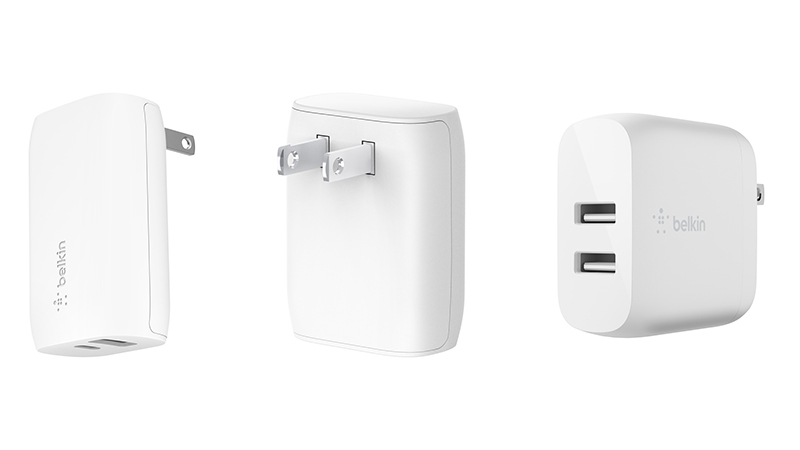 左から、BOOST↑CHARGE USB充電器(20W USB-C+12W USB-A)、同USB充電器(20W USB-C)、同デュアルUSB-Aウォールチャージャー 24W