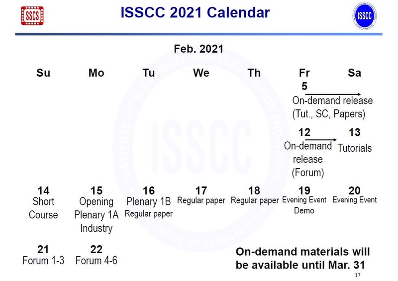 ISSCC 2021の全体スケジュール。「オンデマンド(On-demand)」とあるイベント以外はすべてライブイベントのスケジュール。2020年11月のISSCC 2021開催概要説明会でISSCCの実行委員会が示したスライドから