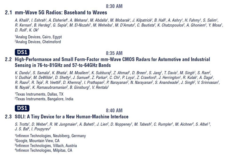 セッション2の講演タイトルと著者の一覧。時間はライブイベントの予定時刻(米国太平洋時間、2月15日)。ISSCC 2021のプログラムから抜粋したもの