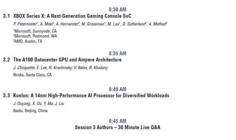 セッション3の講演タイトルと著者の一覧。時間はライブイベントの予定時刻(米国太平洋時間、2月16日)。ISSCC 2021のプログラムから抜粋したもの