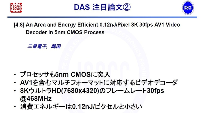 Samsung Electronicsが発表するビデオデコーダLSIの概要(講演番号4.8)。2020年11月のISSCC 2021開催概要説明会でISSCCの実行委員会が示したスライドから