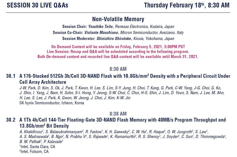 セッション30(不揮発性メモリ)の講演タイトルと著者(講演番号30.1～30.2)。ISSCC 2021のプログラムから抜粋したもの