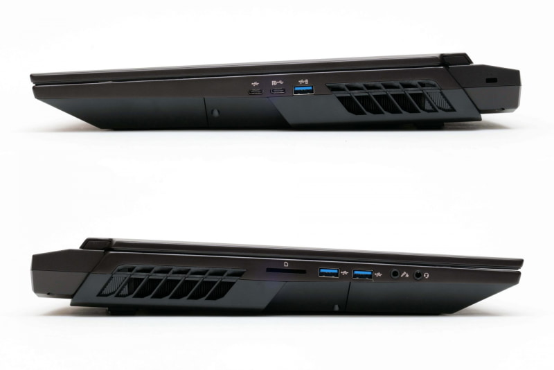 右側面にはUSB 3.2 Gen 2x2 Type-C(20Gbps)、USB Type-C 3.1(10Gbps、DisplayPort対応)、USB Type-A 3.1、左側面にはSDメモリーカードリーダ、USB Type-A 3.1、マイク入力・S/PDIF、ヘッドセットを用意