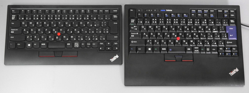 本製品との比較。同じThinkPadベースの外付キーボード(有線)だが、パームレスト部の有無など相違点も多い